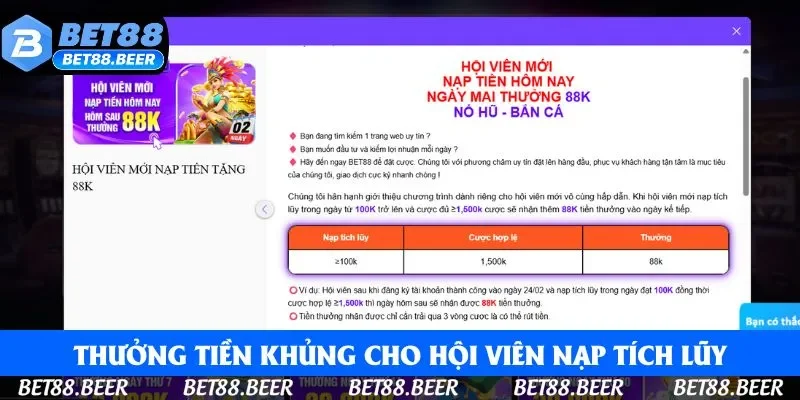 Thưởng tiền khủng cho hội viên nạp tích lũy